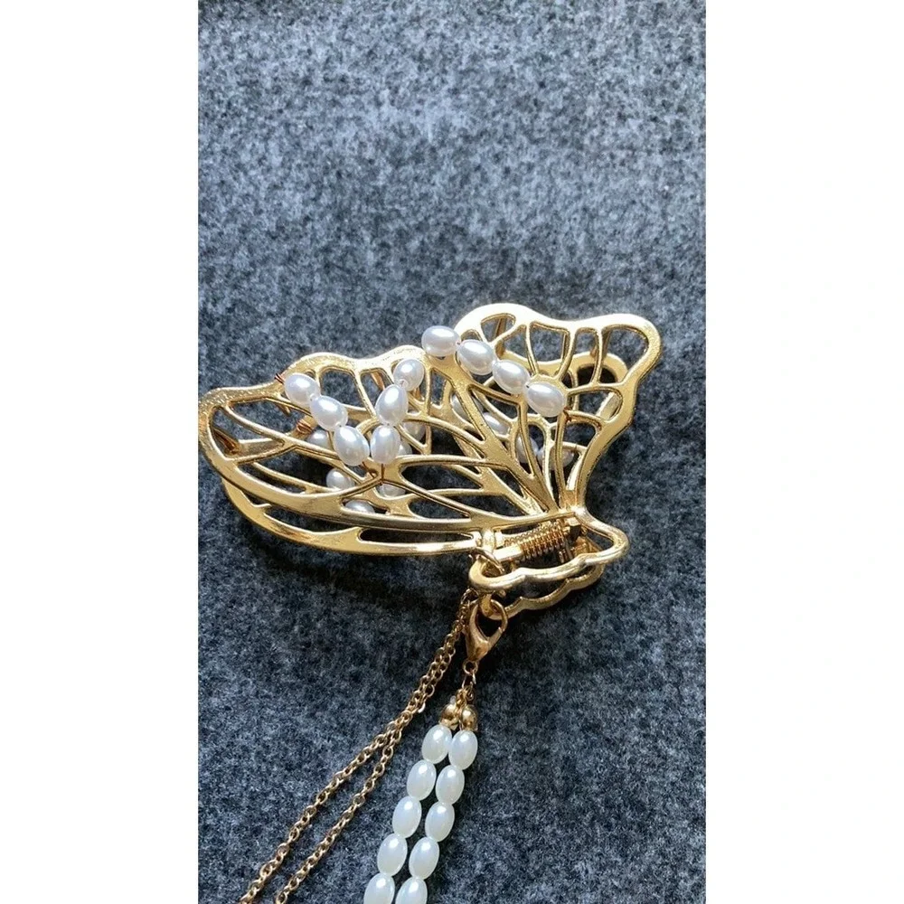 Gold Butterfly Hair Claw Clip Pearls Tassel Elegant Women Hair Accessory‎